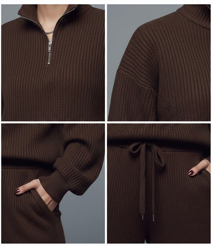 Brown ribbed sweater with a quarter zip and drawstring details, shown from different angles.
