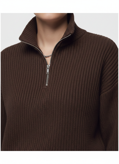 Brown ribbed sweater with a quarter zip on a plain background