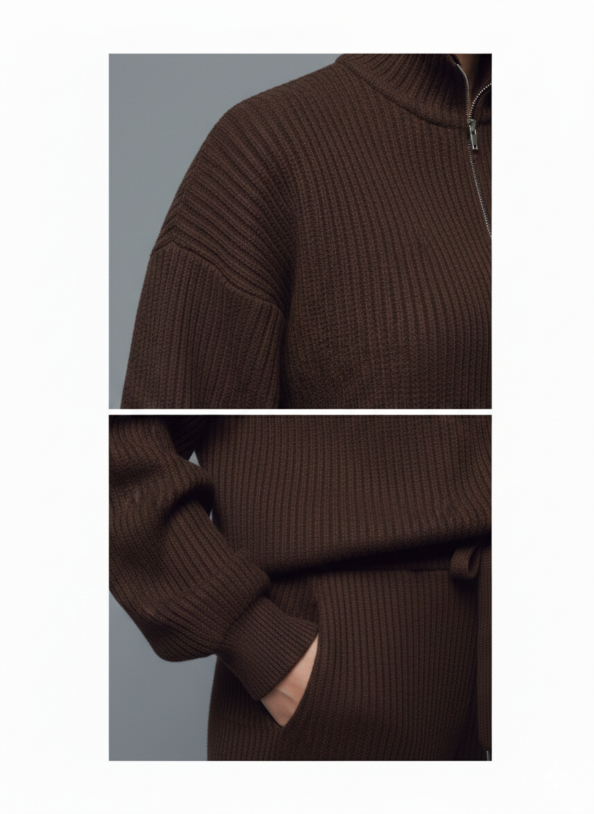 Brown ribbed sweater with a high collar and cut-out detail on a gray background