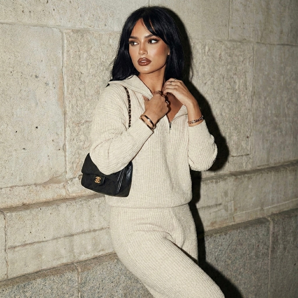 Woman in a beige outfit holding a black handbag against a stone wall.
