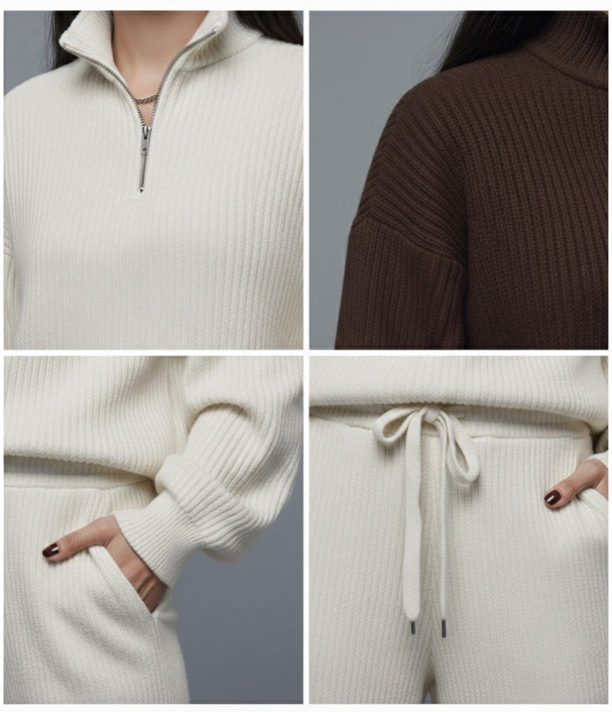 Collage of a person wearing a cream-colored knit outfit with close-up details.