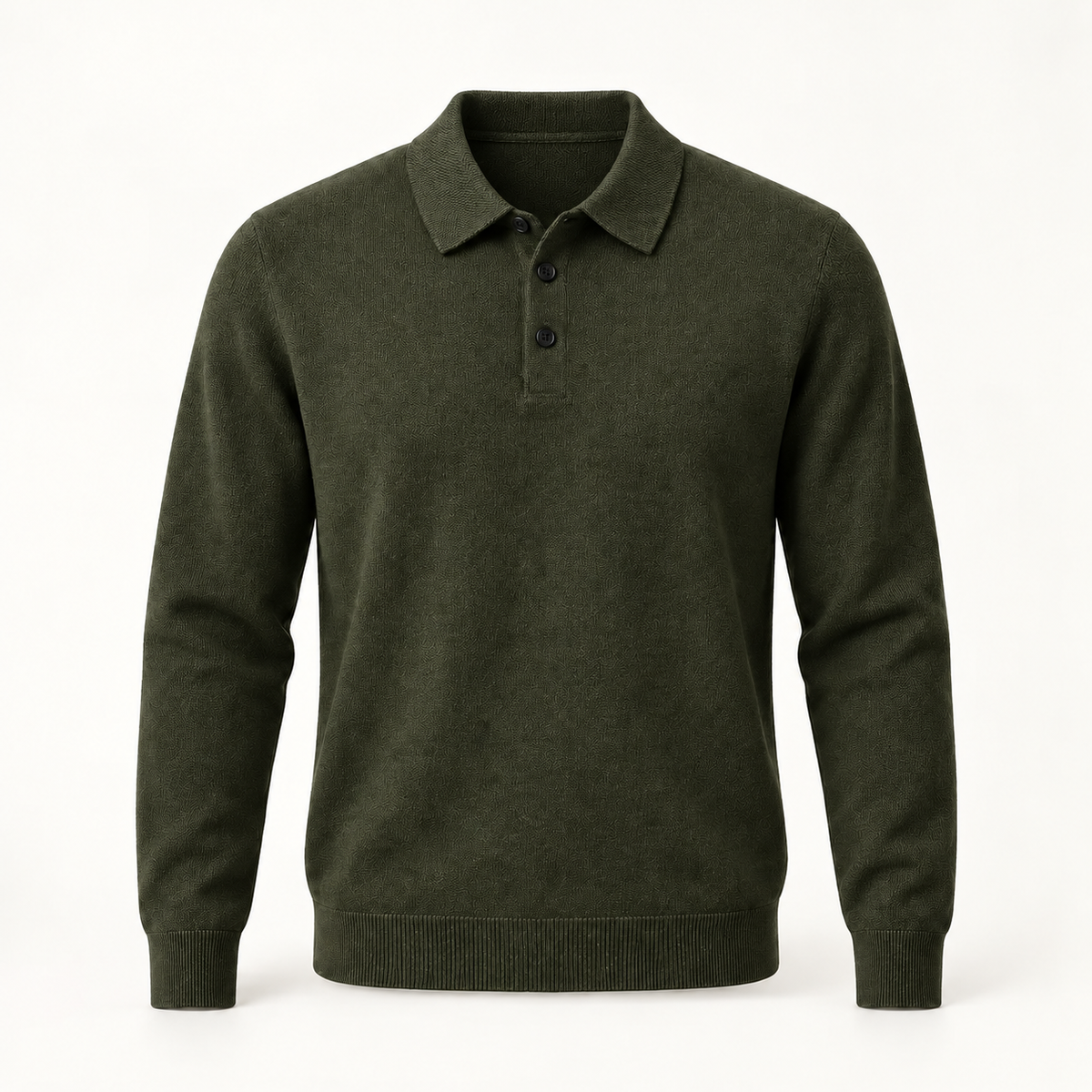 Alden cashmere polo sweater in Army Green with black buttons — full front view