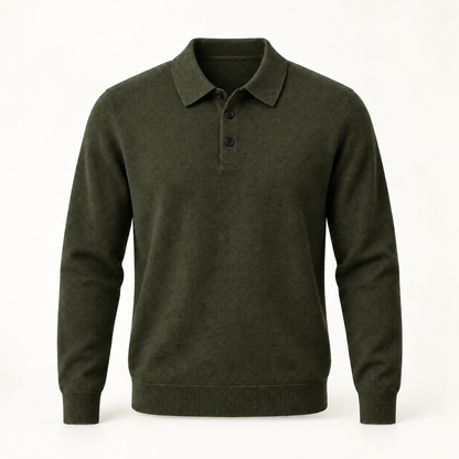 Alden cashmere polo sweater in Army Green with black buttons — full front view