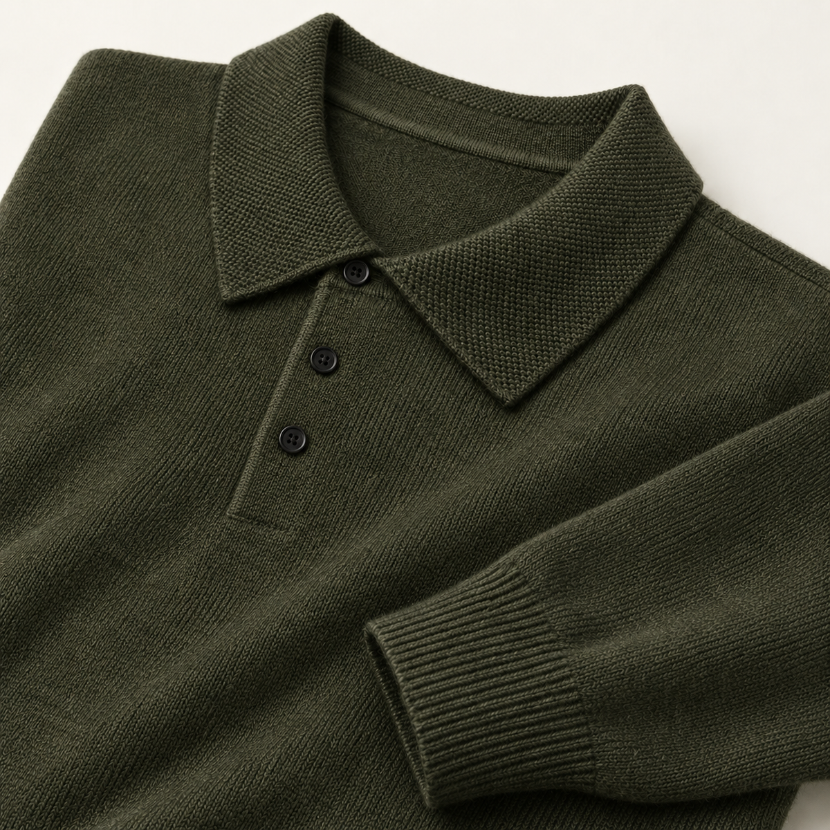 Alden Army Green — knitted collar, three dark buttons and ribbed cuff close-up