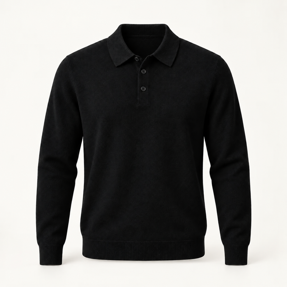 Alden cashmere polo sweater in Black with black buttons — full front view