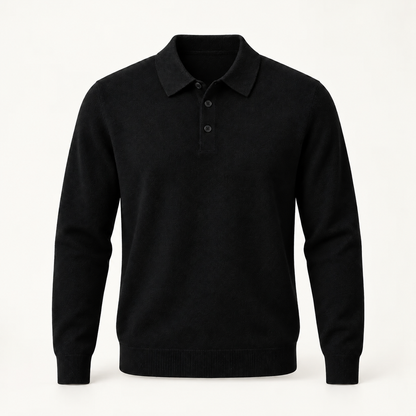 Alden cashmere polo sweater in Black with black buttons — full front view