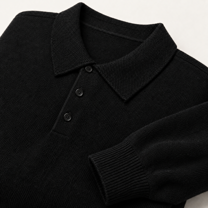 Alden Black — knitted collar, three dark buttons and ribbed cuff close-up