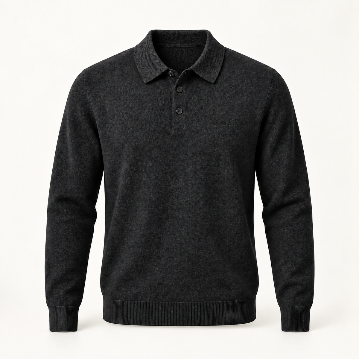 Alden cashmere polo sweater in Blackish Gray with black buttons — full front view