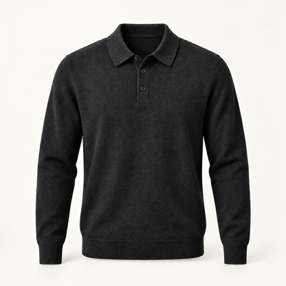 Alden cashmere polo sweater in Blackish Gray with black buttons — full front view