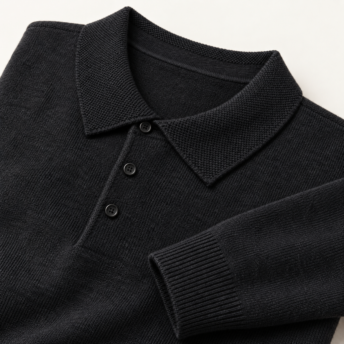 Alden Blackish Gray — knitted collar, three dark buttons and ribbed cuff close-up
