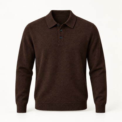 Alden cashmere polo sweater in Coffee with black buttons — full front view