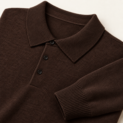 Alden Coffee — knitted collar, three dark buttons and ribbed cuff close-up