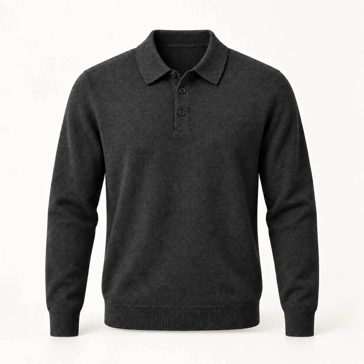 Alden cashmere polo sweater in Dark gray with black buttons — full front view