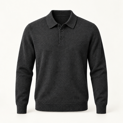 Alden cashmere polo sweater in Dark gray with black buttons — full front view