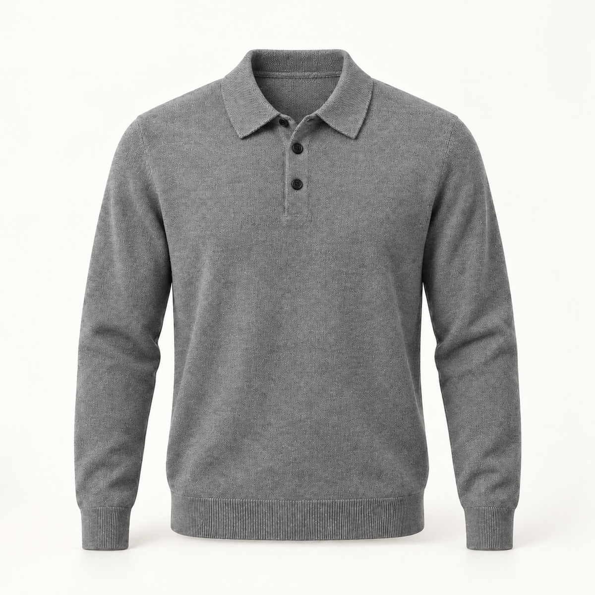 Alden cashmere polo sweater in Gray with black buttons — full front view