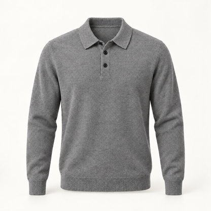 Alden cashmere polo sweater in Gray with black buttons — full front view