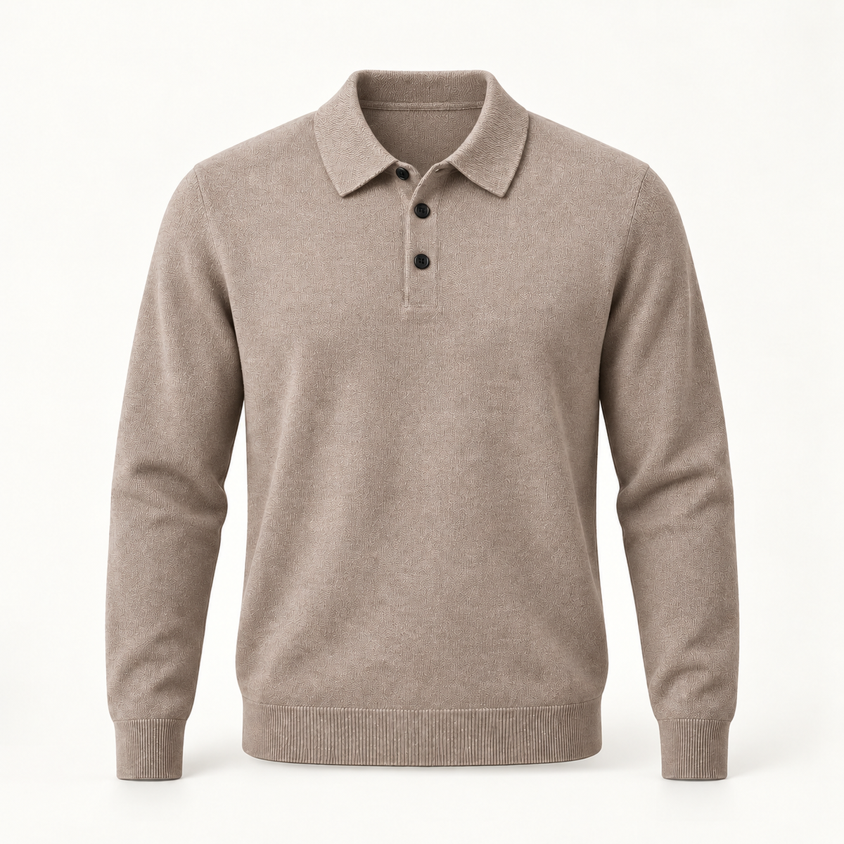 Alden cashmere polo sweater in Khaki with black buttons — full front view
