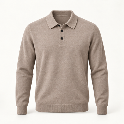 Alden cashmere polo sweater in Khaki with black buttons — full front view