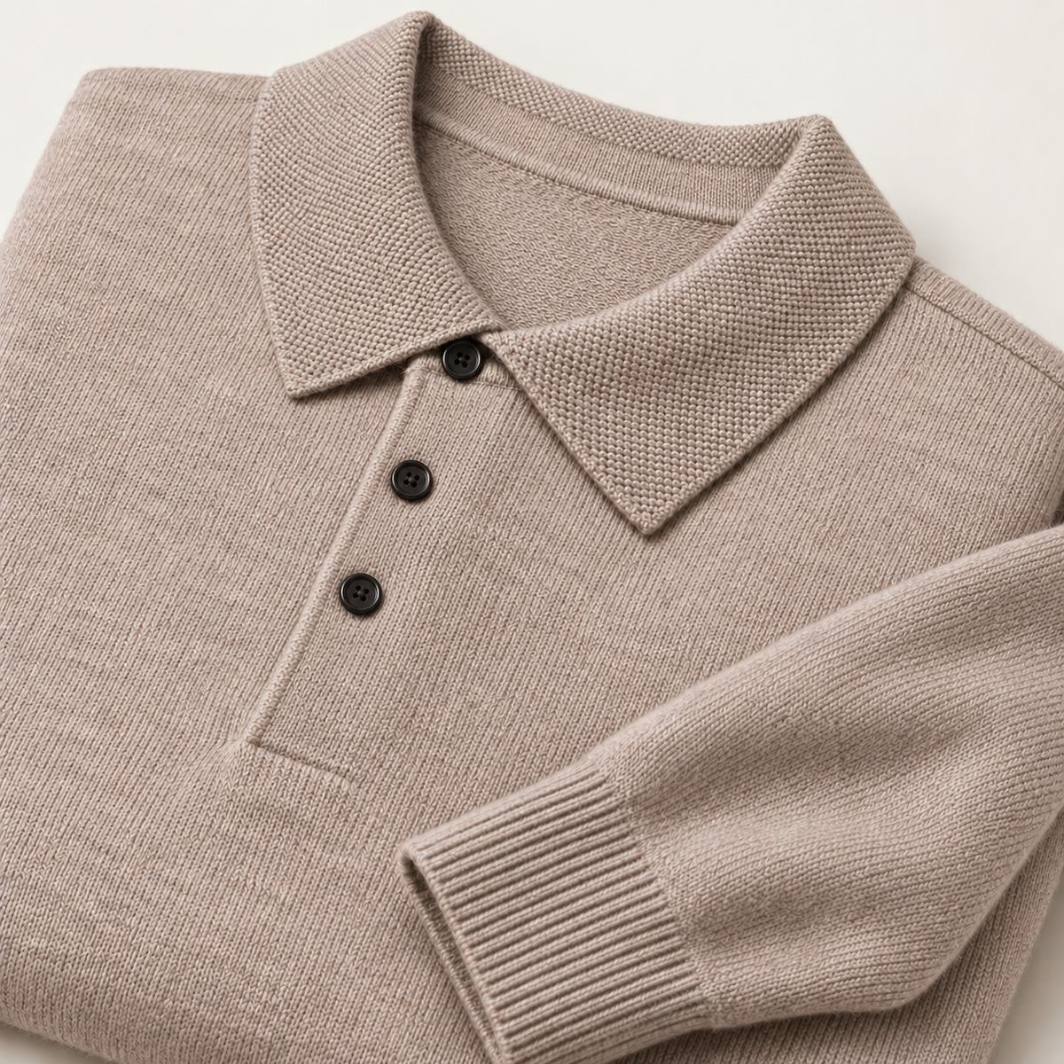 Alden Khaki — knitted collar, three dark buttons and ribbed cuff close-up