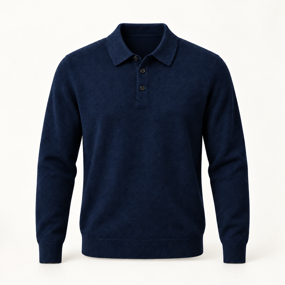 Alden cashmere polo sweater in Navy Blue with black buttons — full front view