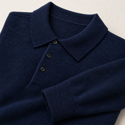 Alden Navy Blue — knitted collar, three dark buttons and ribbed cuff close-up