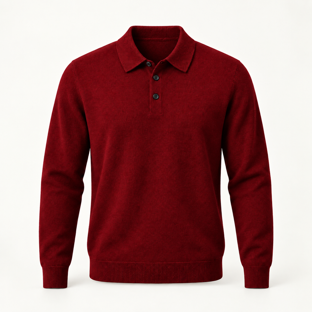 Alden cashmere polo sweater in Red with black buttons — full front view