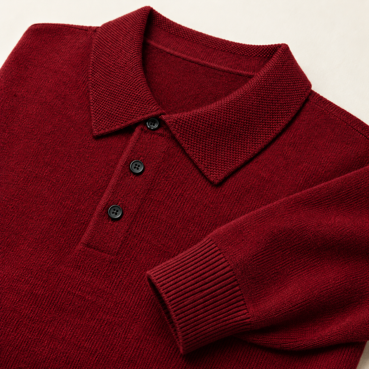 Alden Red — knitted collar, three dark buttons and ribbed cuff close-up