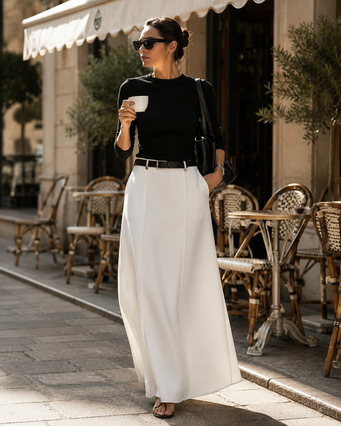 Alice Casual Midi Skirt in white styled for a café day with a black top and sandals
