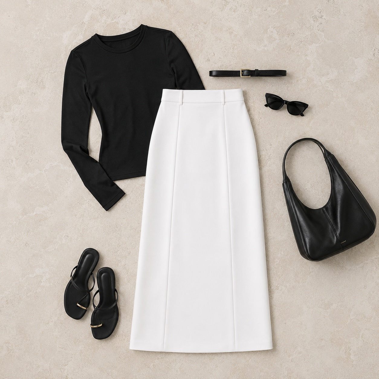 Flat lay outfit formula with Alice Casual Midi Skirt in white, black top, sandals, belt and sunglasses
