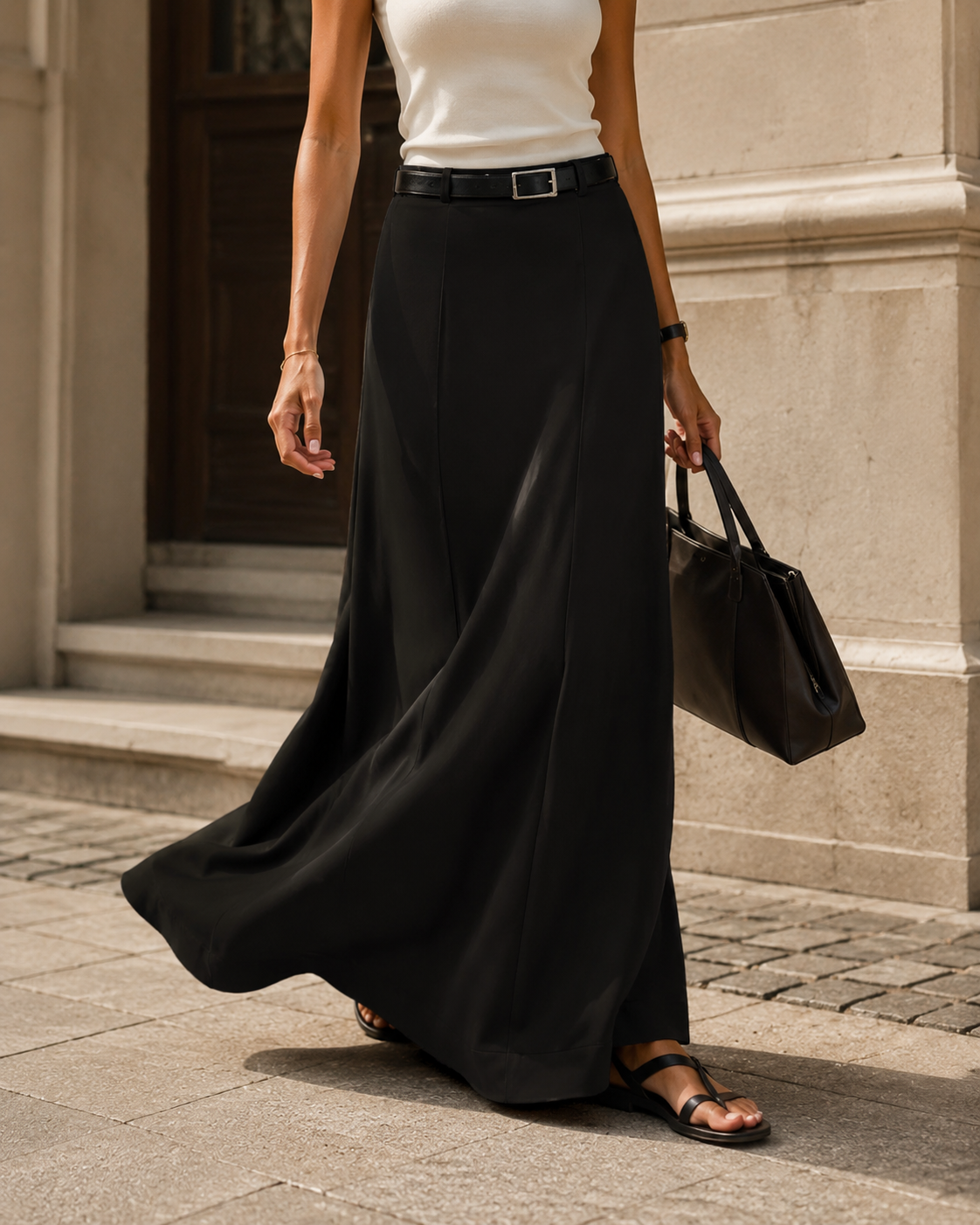 Black Alice skirt in motion showing soft drape and longline silhouette.