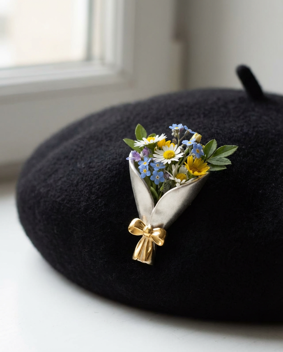 Black beret with a bouquet of flowers on a white surface