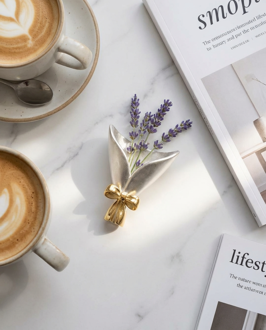 Cappuccino cups with a decorative lavender arrangement on a marble surface with a magazine.