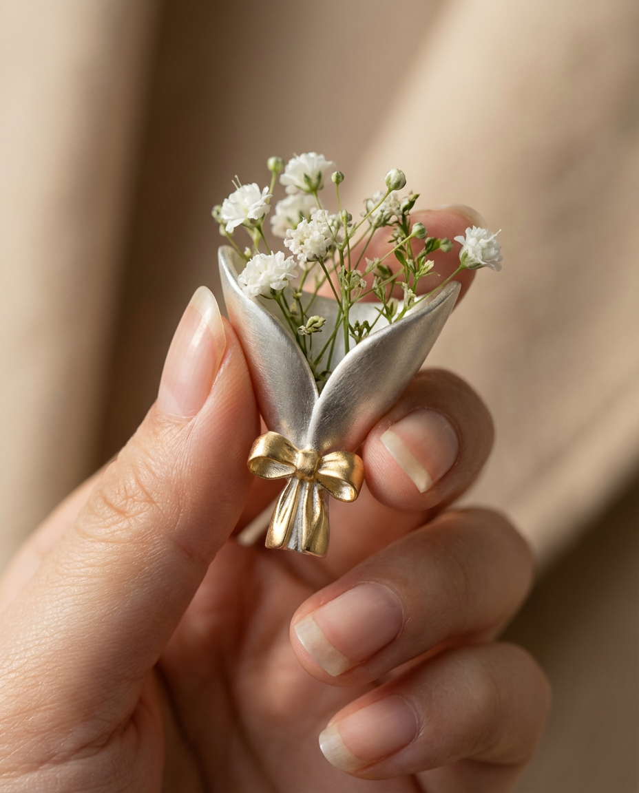 Silver brooch with a gold bow and small white flowers held in a hand against a beige background