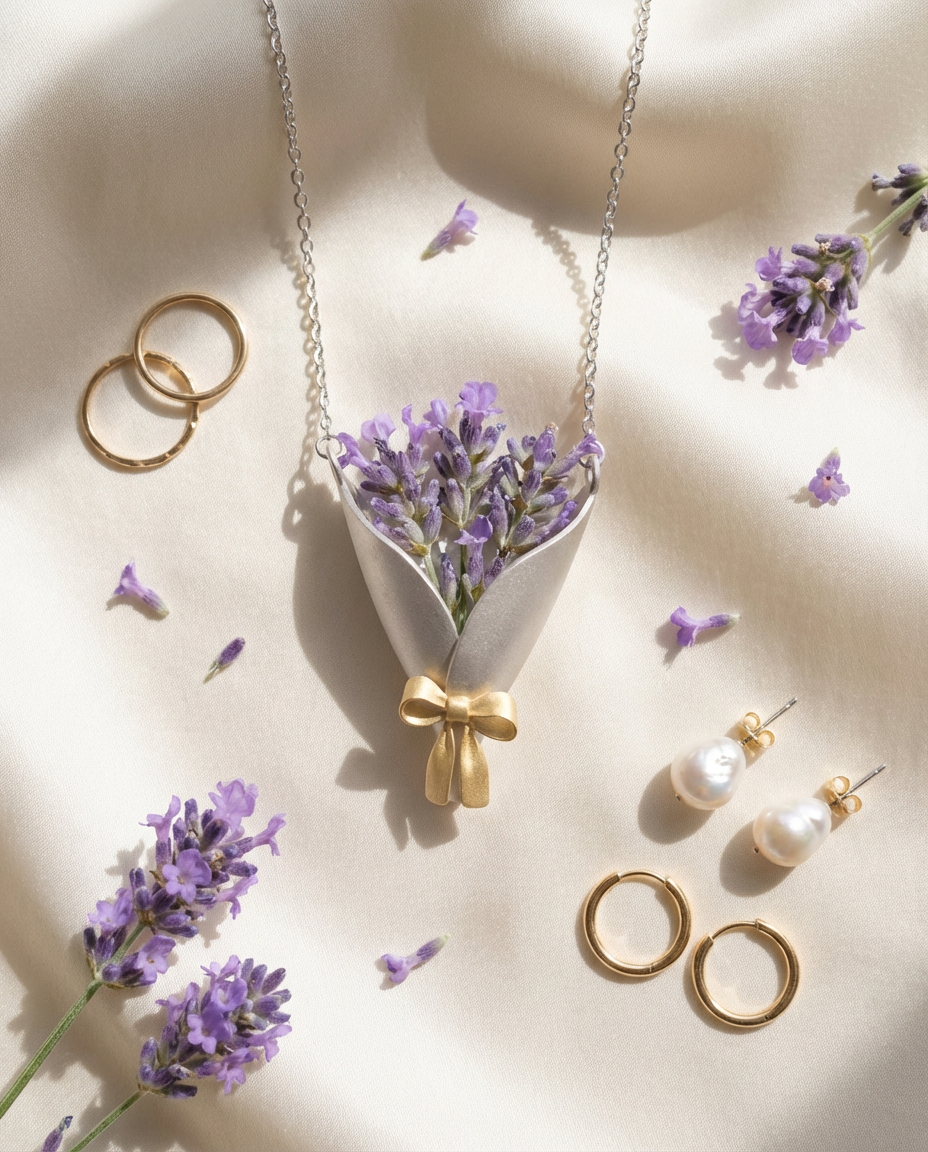 Jewelry set with necklace, earrings, and rings on a beige background with lavender flowers.