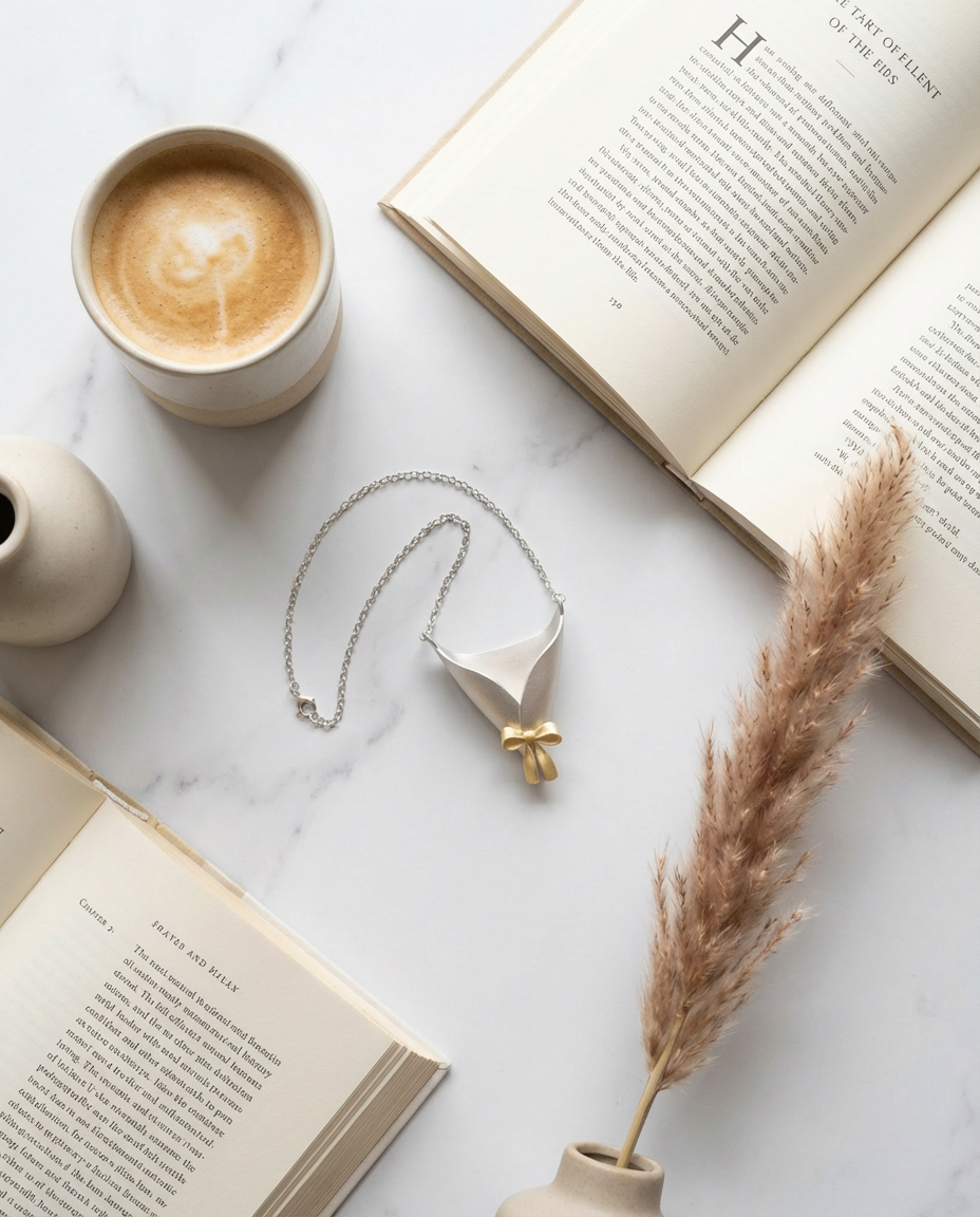 Cup of coffee, open book, necklace, and dried plant on a marble surface