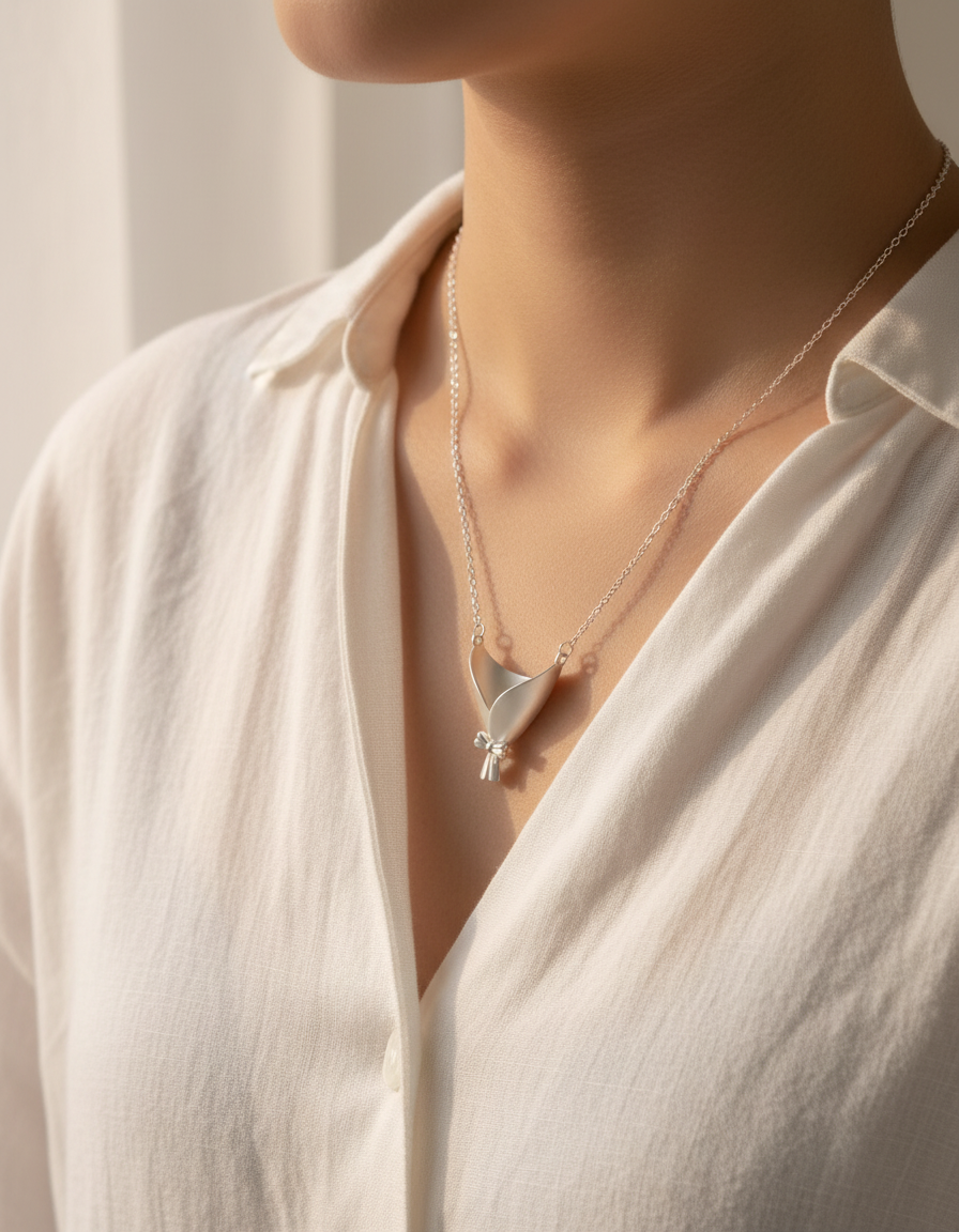 Person wearing a delicate necklace with a subtle pendant against a neutral background