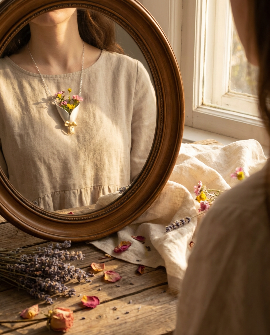 Person wearing a necklace with a floral pendant in front of a round mirror on a wooden floor with flowers and fabric.