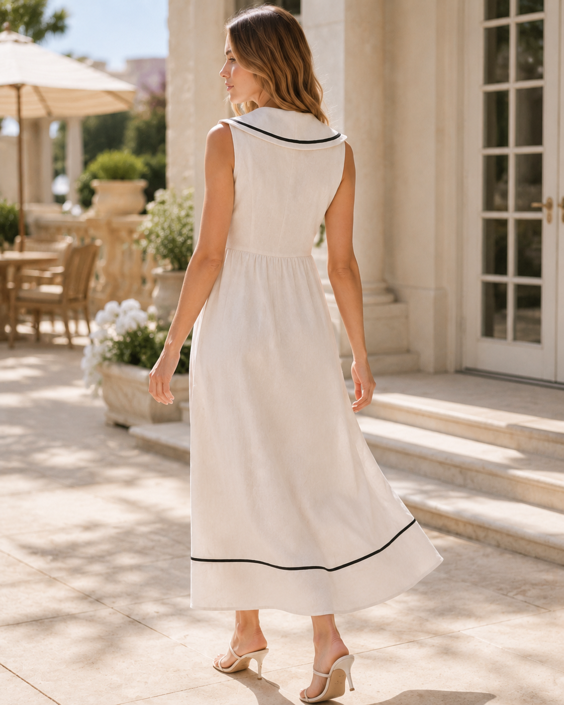 Back view of Nautical V-Neck Sleeveless Midi Dress with Contrast Trim showing sailor collar and hem trim