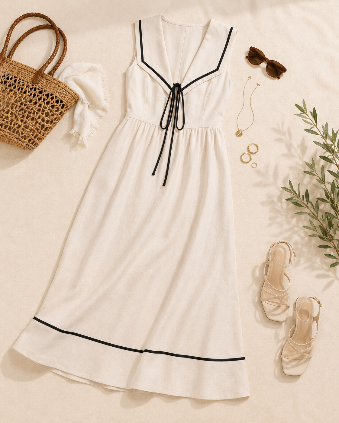 Nautical V-Neck Sleeveless Midi Dress with Contrast Trim styled with sandals, woven bag, sunglasses and gold jewellery