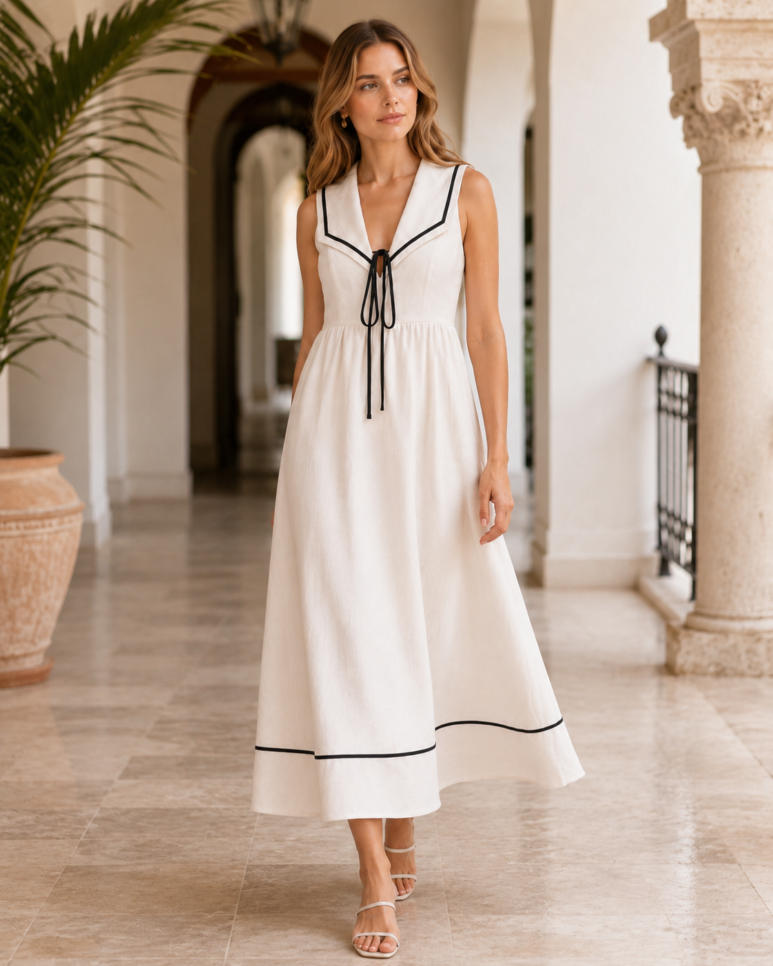 Nautical V-Neck Sleeveless Midi Dress with Contrast Trim styled in an elegant villa corridor