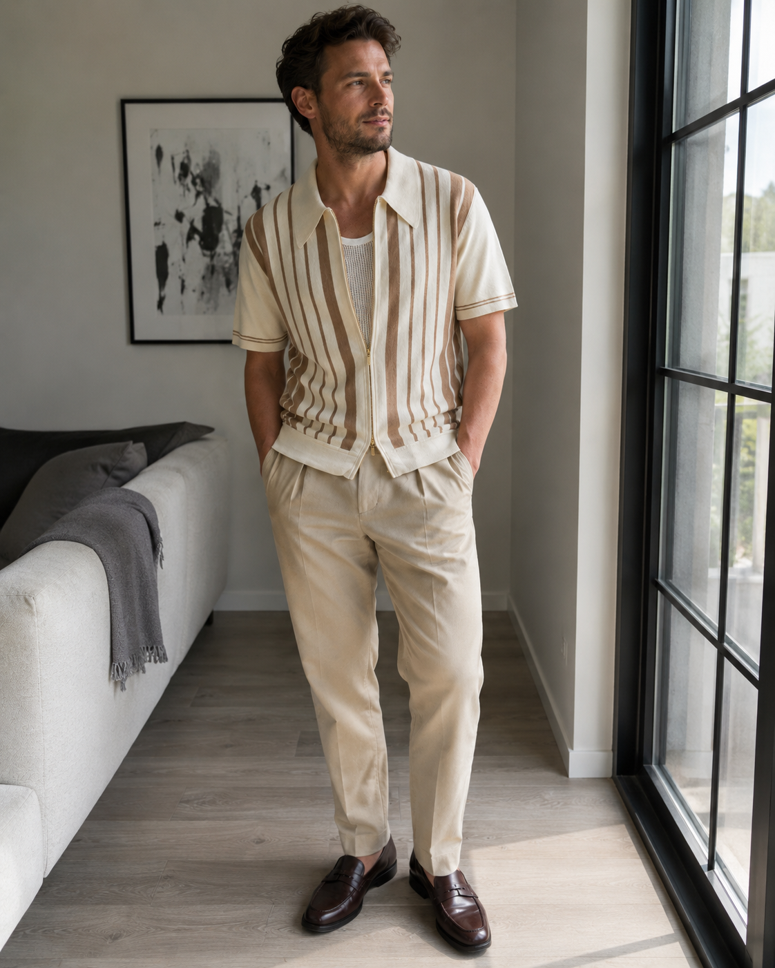 Man aged around 28 to 38 wearing the Riviera striped cotton knit zip polo in a modern interior