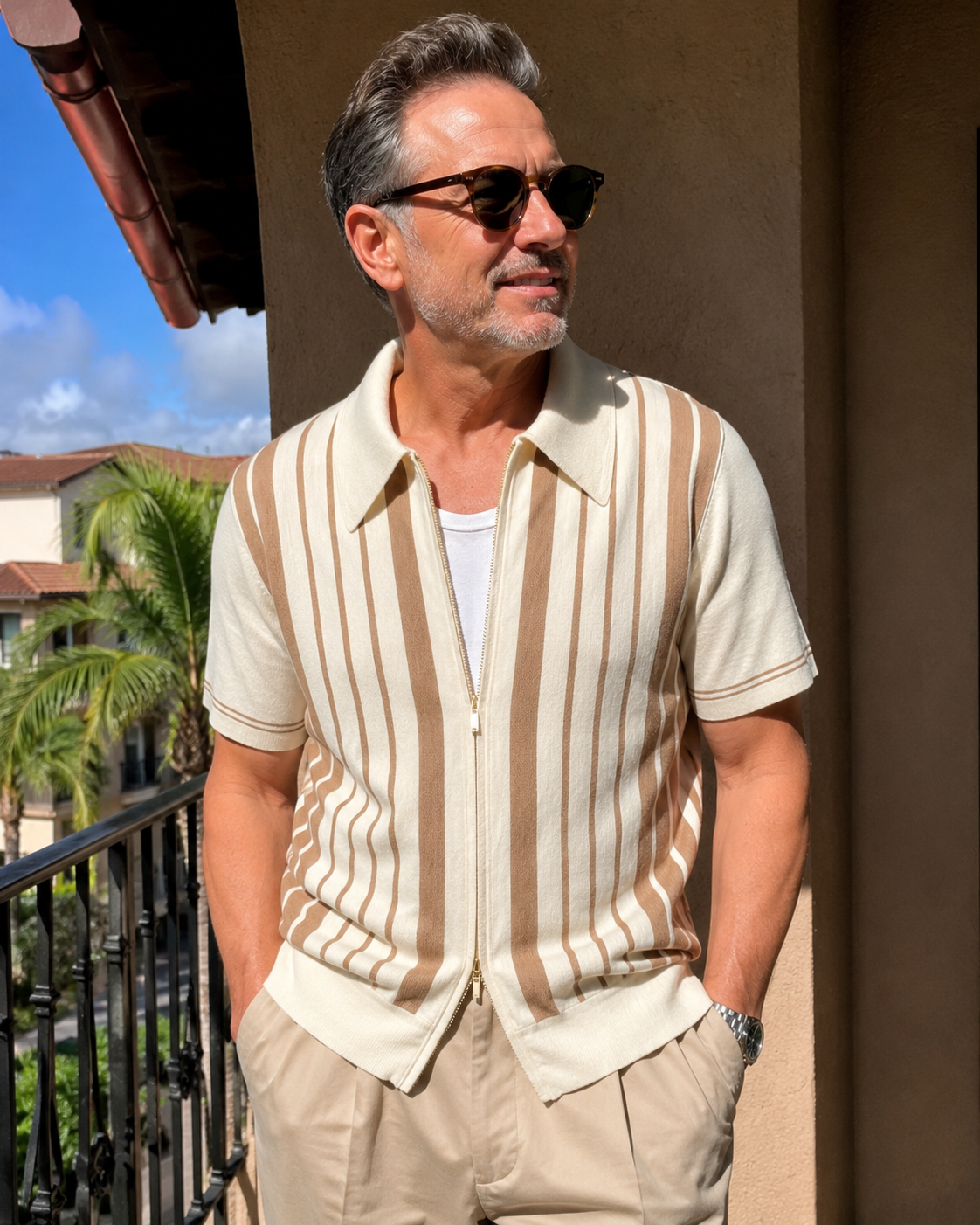 Sunny balcony style photo of a man over 40 wearing the Riviera striped cotton knit zip polo