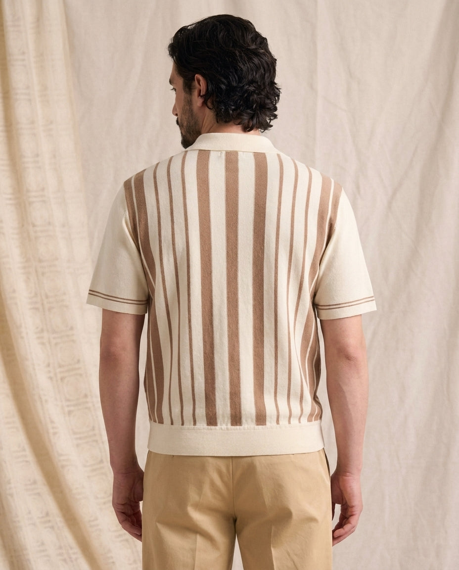 Back view of cream and brown striped cotton knit zip polo
