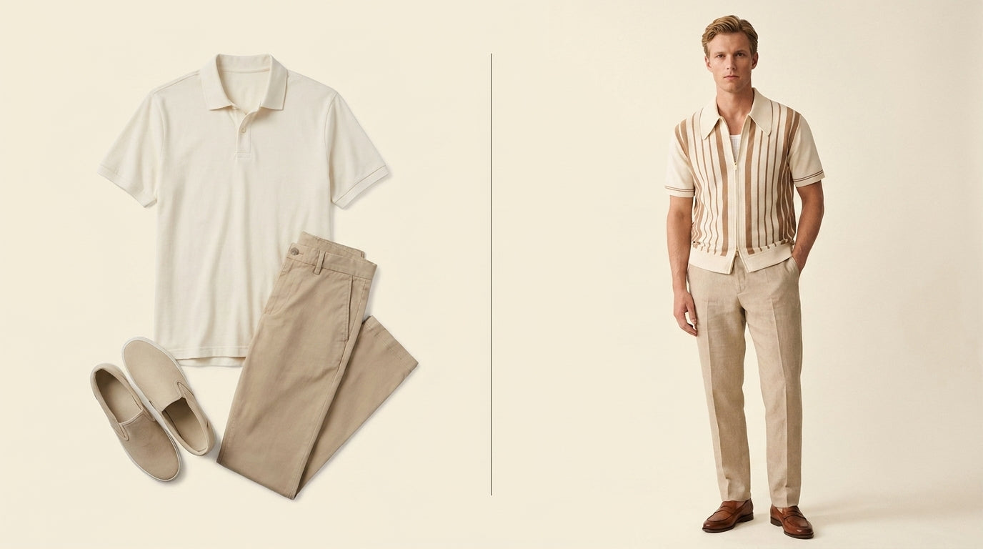Comparison image showing basic polo outfit versus Riviera cotton knit zip polo outfit