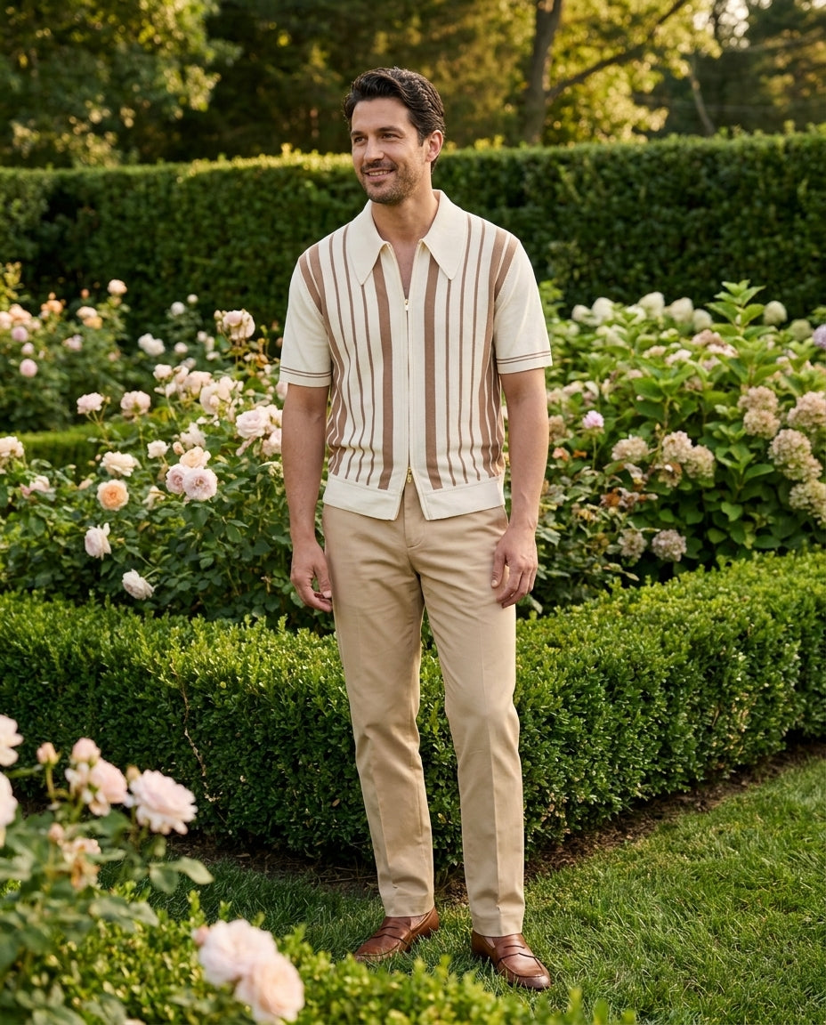 Riviera knit zip polo styled with beige chinos for a garden party