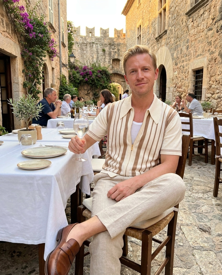 Riviera knit zip polo styled for a holiday dinner with linen trousers and loafers