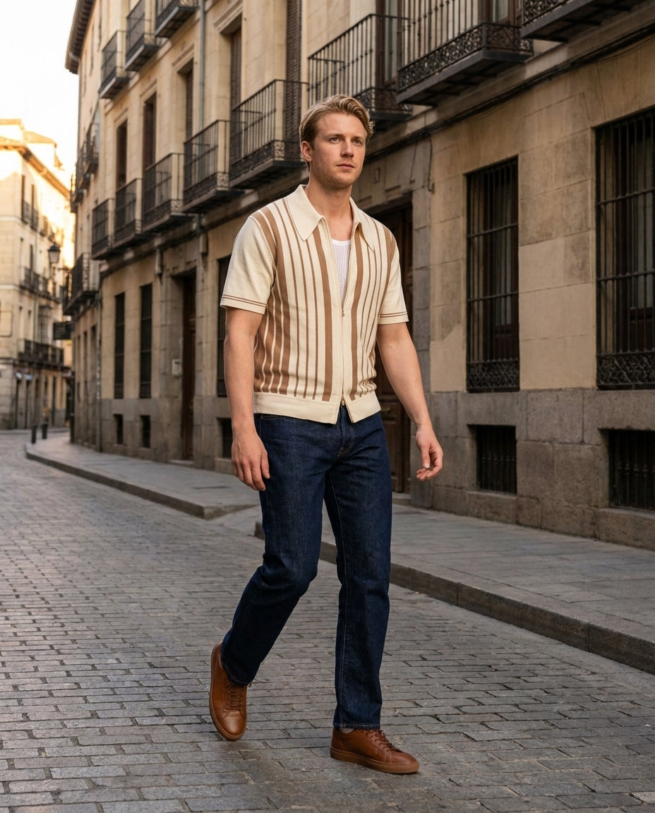 Riviera knit zip polo styled with dark denim for a weekend city outfit