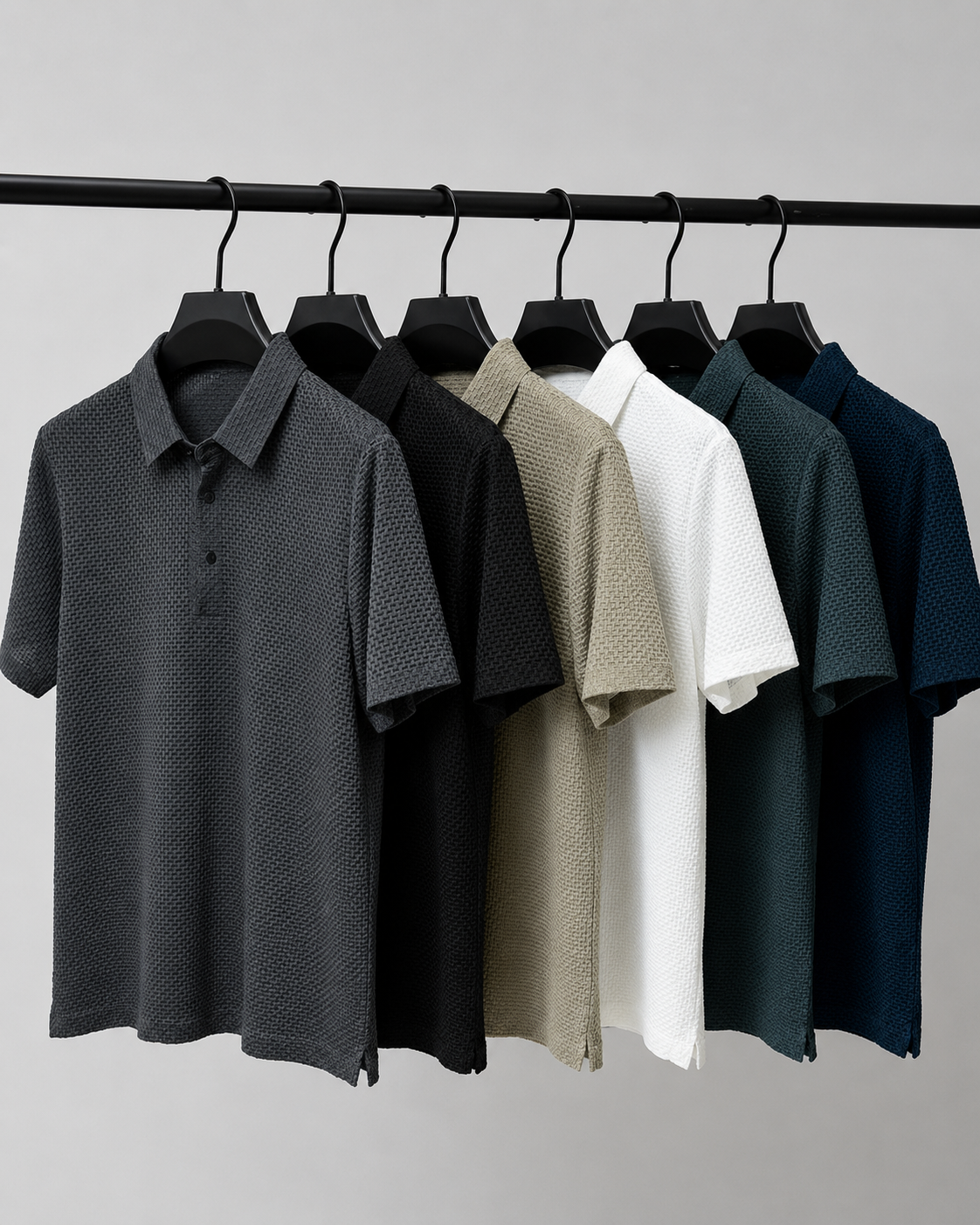 Six Siena Weave Polo Shirt colours hanging on black hangers: gray, black, khaki, white, dark green and deep blue