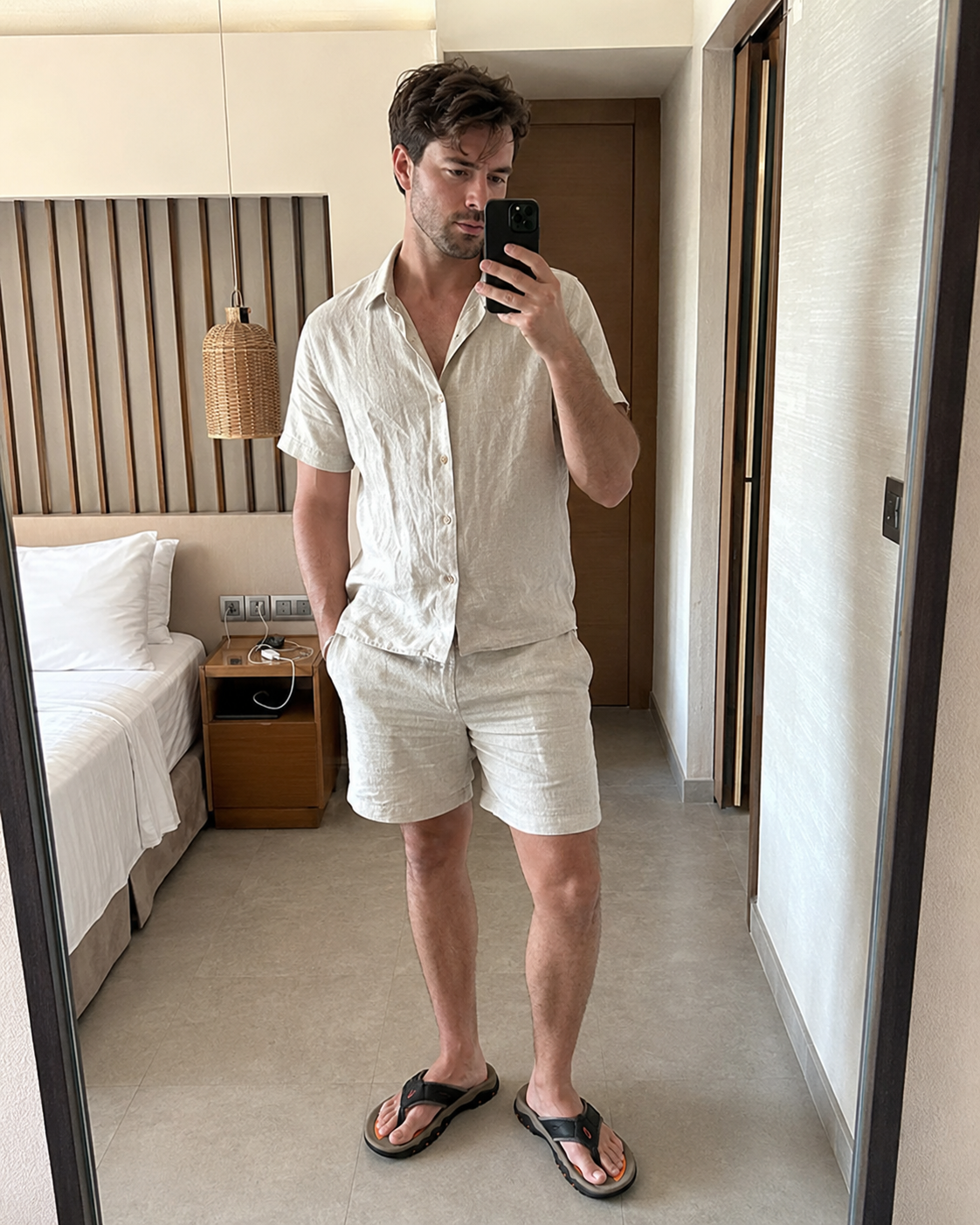 Hotel mirror outfit reference wearing black Sorrento Leather Sandals with cream summer co-ord