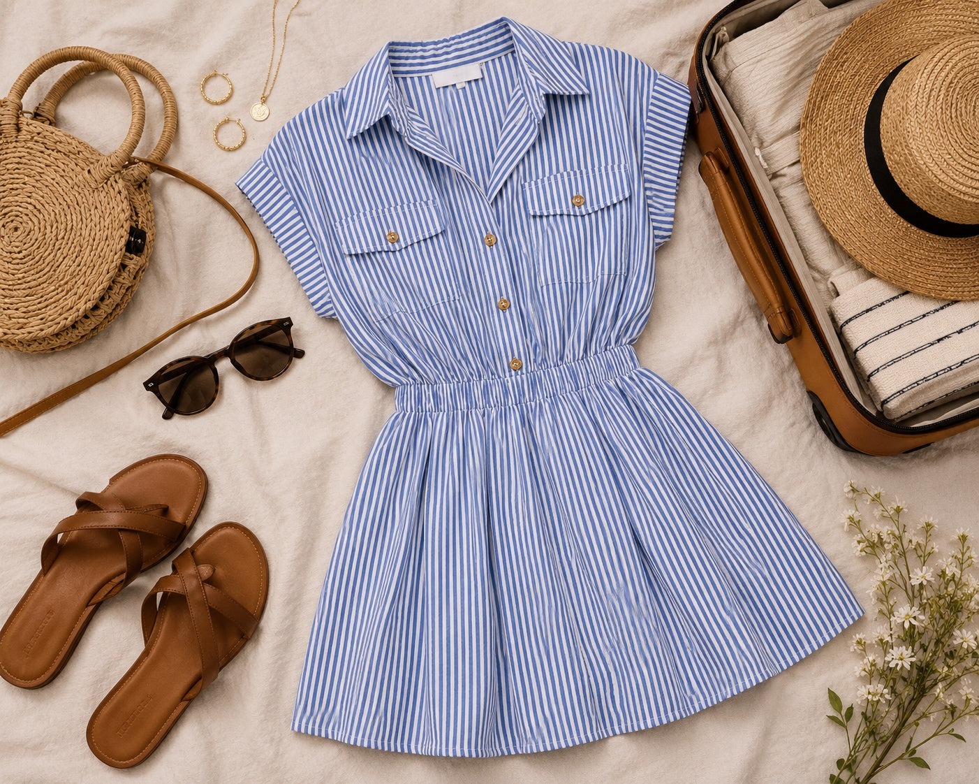 Blue and white striped shirt dress packed with sandals, sunglasses and summer accessories